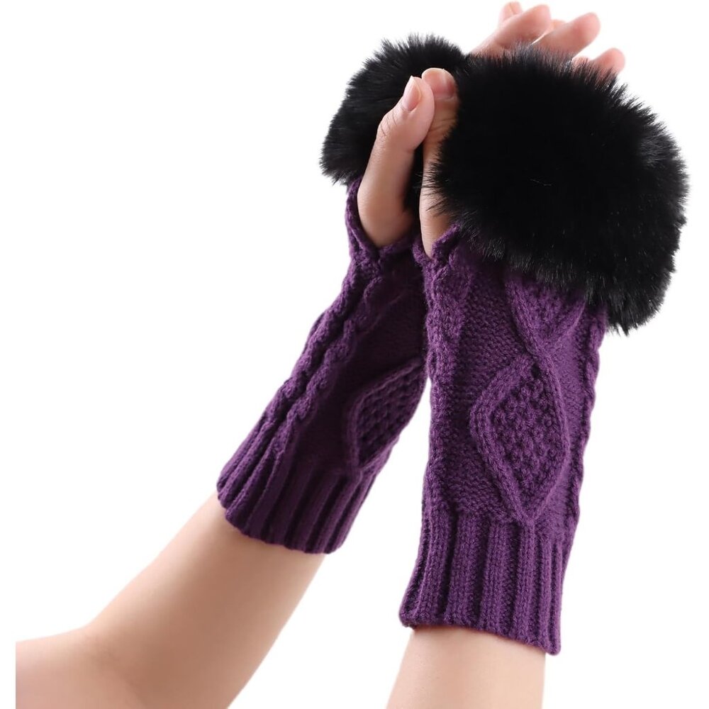 Women's Purple Winter Arm Warmers Wrist Thumb Hole Faux Fur Fingerless Gloves